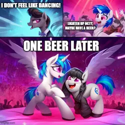 Size: 500x500 | Tagged: safe, derpibooru import, machine learning generated, octavia melody, vinyl scratch, earth pony, pony, unicorn, ai content, alcohol, beer, bipedal, clothes, club, crowd, dance floor, dancing, floating wings, generator:pony diffusion v5, image, jacket, jpeg, leather, leather jacket, party, quadrupedal, smiling, suit, wings