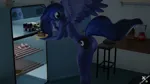 Size: 3840x2160 | Tagged: suggestive, artist:royalsimp, derpibooru import, princess luna, alicorn, anthro, alcohol, butt, cake, caught, food, image, kitchen, moonbutt, night, nudity, offscreen character, png, thief, wine