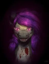 Size: 2550x3300 | Tagged: semi-grimdark, artist:eisky, derpibooru import, oc, oc:fritzy, dragon, blood, dark background, drool, glow, glowing eyes, grin, image, looking at you, png, scary face, smiling, spooky