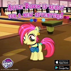 Size: 1080x1080 | Tagged: safe, derpibooru import, apple bloom, earth pony, pony, alternate hairstyle, bowling alley, bowling ball, bowling pin, clothes, collar, ear piercing, female, filly, foal, gameloft, image, jpeg, looking at you, makeup, piercing, solo, table, text