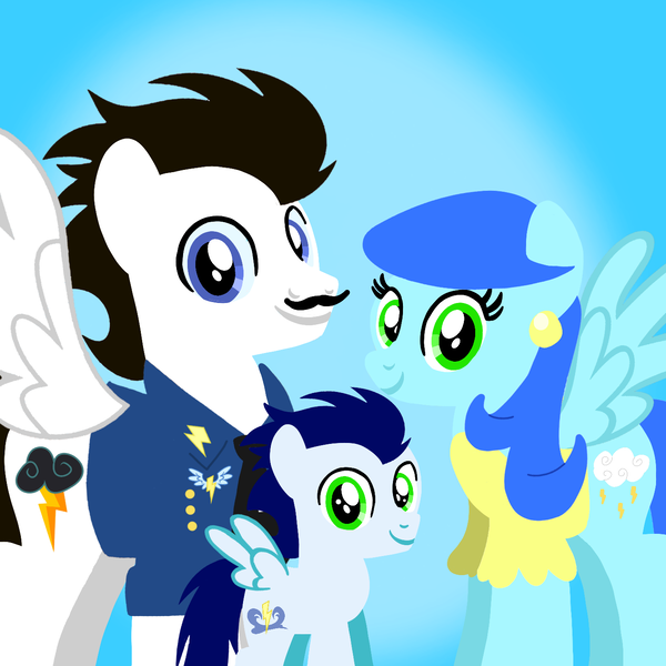 Size: 1400x1400 | Tagged: safe, artist:mlplary6, derpibooru import, soarin', oc, oc:cloudy storm, oc:sky thunder, pegasus, pony, bomber jacket, clothes, colt, colt soarin', family, father and child, father and son, female, foal, husband and wife, image, jacket, looking at you, male, mare, mother and child, mother and son, png, smiling, smiling at you, stallion, younger