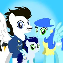 Size: 1400x1400 | Tagged: safe, artist:mlplary6, derpibooru import, soarin', oc, oc:cloudy storm, oc:sky thunder, pegasus, pony, bomber jacket, clothes, colt, colt soarin', family, father and child, father and son, female, foal, husband and wife, image, jacket, looking at you, male, mare, mother and child, mother and son, png, smiling, smiling at you, stallion, younger