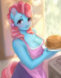 Size: 2304x2927 | Tagged: safe, artist:hirichie, derpibooru import, cup cake, anthro, earth pony, big breasts, blushing, breasts, busty cup cake, cake, cleavage, cooking, cute, female, food, g4, image, kitchen, looking at you, plump, png, smiling, solo, younger