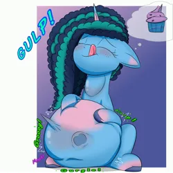 Size: 3000x3000 | Tagged: suggestive, artist:bestponies, derpibooru import, izzy moonbow, pony, unicorn, g5, belly, big belly, cupcake, digestion, female, food, gulp, huge belly, image, impossibly large belly, jpeg, licking, licking lips, mare, mare pred, mare prey, misty brightdawn, muffled words, sitting, stomach noise, struggling, swallowing, tongue out, unwilling prey, vore