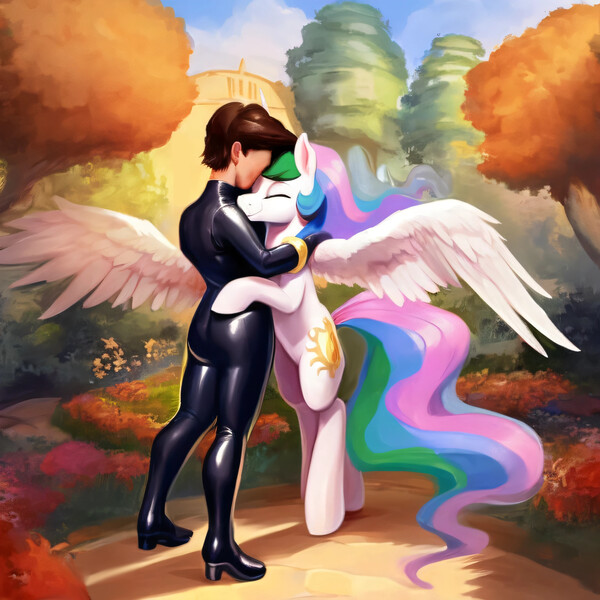 Size: 3072x3072 | Tagged: suggestive, derpibooru import, machine learning generated, stable diffusion, princess celestia, alicorn, human, pony, ai content, clothes, eyes closed, female, feral, garden, generator:purplesmart.ai, high heels, hug, hugging a pony, human and pony, human on pony snuggling, image, jpeg, latex, latex suit, shoes, smiling, snuggling, spread wings, standing on two hooves, wings