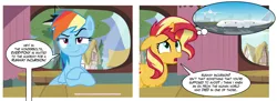 Size: 5034x1841 | Tagged: safe, derpibooru import, editor:wild stallions, rainbow dash, sunset shimmer, comic:the first incestuous foal of sunset shimmer, advertisement, airport, crossed hooves, explicit description, explicit source, floppy ears, image, implied applejack, implied bow hothoof, implied death, implied fluttershy, implied pinkie pie, implied rainbow blaze, implied rarity, implied sex, implied soarin', implied thunderlane, implied windy whistles, patreon, patreon preview, plane, png, preview, restaurant, show accurate