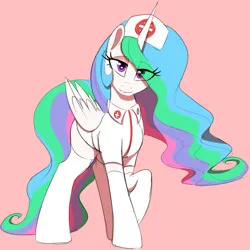 Size: 1000x1000 | Tagged: safe, artist:thebatfang, ponerpics import, princess celestia, alicorn, pony, clothes, colored sketch, hat, image, leggings, lidded eyes, lip bite, looking at you, nurse celestia, nurse outfit, png, raised hoof, simple background, solo