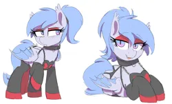 Size: 1456x877 | Tagged: suggestive, artist:thebatfang, ponerpics import, oc, oc:lucky roll, bat pony, pony, alternate clothes, alternate hairstyle, clothes, collar, colored sketch, eyeshadow, female, image, leggings, makeup, mare, panties, png, ponytail, solo, underwear