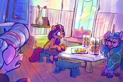 Size: 1964x1316 | Tagged: safe, artist:overlord pony, derpibooru import, izzy moonbow, queen haven, sunny starscout, earth pony, pegasus, pony, unicorn, g5, bong, chips, food, glasses, image, kitchen, lidded eyes, mane stripe sunny, png, potato chips, pringles, refrigerator, sitting, table