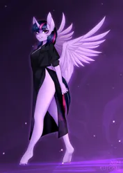 Size: 3426x4836 | Tagged: safe, artist:kutoshi, derpibooru import, twilight sparkle, alicorn, anthro, beautiful, clothes, dress, female, horn, image, looking at you, png, total sideslit