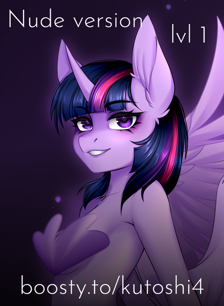 Size: 1166x1599 | Tagged: questionable, artist:kutoshi, derpibooru import, twilight sparkle, twilight sparkle (alicorn), alicorn, anthro, advertisement, boosty, boosty preview, female, horn, image, looking at you, png, solo
