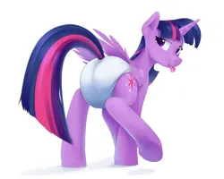 Size: 2915x2336 | Tagged: artist:edrian, derpibooru import, twilight sparkle, twilight sparkle (alicorn), alicorn, diaper, diaper fetish, fetish, image, looking back, non-baby in diaper, png, raised leg, simple background, solo, tongue out, white background
