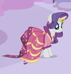 Size: 800x833 | Tagged: safe, derpibooru import, screencap, rarity, pony, unicorn, season 1, suited for success, alternate hairstyle, beautiful, carousel boutique, clothes, cropped, dress, elegant, female, gala dress, gown, happy, image, jewelry, jpeg, mare, rarity's first gala dress, smiling, solo, tiara