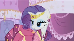 Size: 2160x1214 | Tagged: safe, derpibooru import, screencap, rarity, pony, unicorn, season 1, suited for success, alternate hairstyle, beautiful, bedroom eyes, carousel boutique, clothes, door, dress, elegant, female, gala dress, gown, happy, image, jewelry, jpeg, mare, rarity's first gala dress, smiling, tiara, turned head