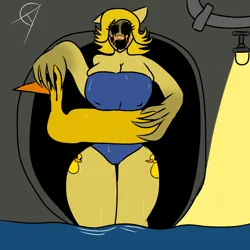 Size: 2000x2000 | Tagged: suggestive, artist:gotharts, derpibooru import, oc, oc:lucky ducky, unofficial characters only, anthro, big breasts, black goo, black sclera, breasts, broodmother, cameltoe, claws, clothes, creepy, creepy smile, cutie mark, derpibooru exclusive, erect nipples, female, floaty, image, looking at you, nightmare fuel, nipple outline, one-piece swimsuit, pinpoint eyes, png, pool toy, sewer, smiling, solo, staring into your soul, swimsuit, thighs, thunder thighs, wet