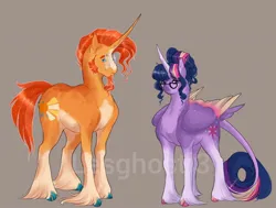 Size: 1324x1000 | Tagged: safe, artist:lesghostie, derpibooru import, sunburst, twilight sparkle, twilight sparkle (alicorn), alicorn, classical unicorn, pony, unicorn, alternate hairstyle, brown background, cloven hooves, coat markings, colored wings, female, glasses, hair bun, horn, image, jpeg, leonine tail, long hair, male, mare, missing accessory, multicolored wings, pale belly, shipping, simple background, socks (coat marking), stallion, straight, twiburst, unshorn fetlocks, watermark, wings
