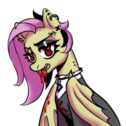 Size: 1760x1760 | Tagged: semi-grimdark, artist:calicokittyq, derpibooru import, fluttershy, bat pony, pony, undead, vampire, vampony, bat ponified, blood, bust, female, flutterbat, fluttergoth, image, looking at you, mare, png, race swap, simple background, tongue out, white background