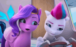 Size: 1312x824 | Tagged: safe, derpibooru import, screencap, pipp petals, zipp storm, g5, my little pony: make your mark, spoiler:g5, spoiler:my little pony: make your mark, spoiler:my little pony: make your mark chapter 5, spoiler:mymc05e01, animated, cutie blossom bash, female, gif, image, loop, misty brightdawn, my little pony: make your mark chapter 5, reversed, royal sisters (g5), siblings, sisters, steering wheel