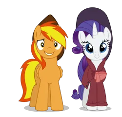 Size: 6058x5809 | Tagged: safe, artist:creedyboy124, derpibooru import, rarity, oc, oc:firey ratchet, pegasus, pony, unicorn, clothes, detective, detective rarity, fedora, female, grin, hat, image, looking at you, male, mare, nervous, nervous grin, png, simple background, smiling, stallion, transparent background, trenchcoat