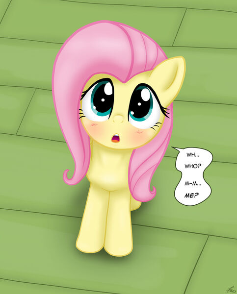 Size: 1280x1590 | Tagged: safe, artist:lennondash, derpibooru import, fluttershy, pegasus, pony, blushing, cute, daaaaaaaaaaaw, female, high angle, image, jpeg, looking at you, looking up, looking up at you, mare, open mouth, shyabetes, solo, speech bubble, talking to viewer, tiled floor