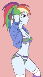 Size: 2130x3840 | Tagged: suggestive, artist:sumin6301, derpibooru import, rainbow dash, human, equestria girls, arm behind head, belly button, bra, breasts, busty rainbow dash, cleavage, clothes, eyebrows, eyebrows visible through hair, female, gloves, hands on head, high res, image, jacket, jpeg, panties, ponytail, red background, side view, simple background, socks, solo, solo female, striped bra, striped panties, striped underwear, stupid sexy rainbow dash, thinking, underwear, white socks