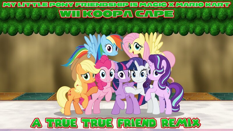 Size: 1280x720 | Tagged: safe, derpibooru import, applejack, fluttershy, pinkie pie, rainbow dash, rarity, starlight glimmer, twilight sparkle, alicorn, earth pony, pegasus, pony, unicorn, crossover, group, image, jpeg, kingspartax37, mane six, mario kart, remix