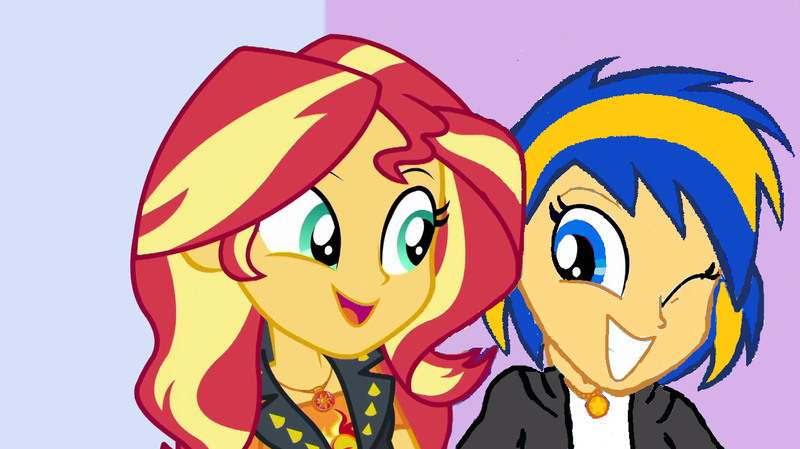 Size: 1278x718 | Tagged: safe, artist:mlpfan3991, derpibooru import, edit, edited screencap, screencap, sunset shimmer, oc, oc:flare spark, human, a fine line, equestria girls, equestria girls series, clothes, friends, geode of empathy, image, jewelry, magical geodes, necklace, one eye closed, png, smiling, wink