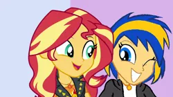 Size: 1278x718 | Tagged: safe, artist:mlpfan3991, derpibooru import, edit, edited screencap, screencap, sunset shimmer, oc, oc:flare spark, human, a fine line, equestria girls, equestria girls series, clothes, friends, geode of empathy, image, jewelry, magical geodes, necklace, one eye closed, png, smiling, wink