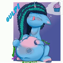 Size: 3000x3000 | Tagged: suggestive, alternate version, artist:bestponies, derpibooru import, edit, izzy moonbow, pony, unicorn, g5, belly, big belly, cupcake, digestion, female, food, gulp, huge belly, image, impossibly large belly, jpeg, licking, licking lips, mare, mare pred, mare prey, misty brightdawn, misty pred-dawn, muffled words, sitting, stomach noise, struggling, swallowing, tongue out, unwilling prey, vore