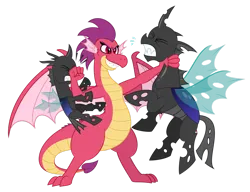 Size: 1600x1230 | Tagged: safe, artist:aleximusprime, derpibooru import, oc, oc:barb the dragon, unofficial characters only, changeling, dragon, fanfic:my big fat pink wedding, flurry heart's story, asphyxiation, dragon oc, dragoness, eyes closed, female, fight, grin, gritted teeth, image, non-pony oc, png, punch, simple background, smiling, spread wings, strangling, teeth, transparent background, wings