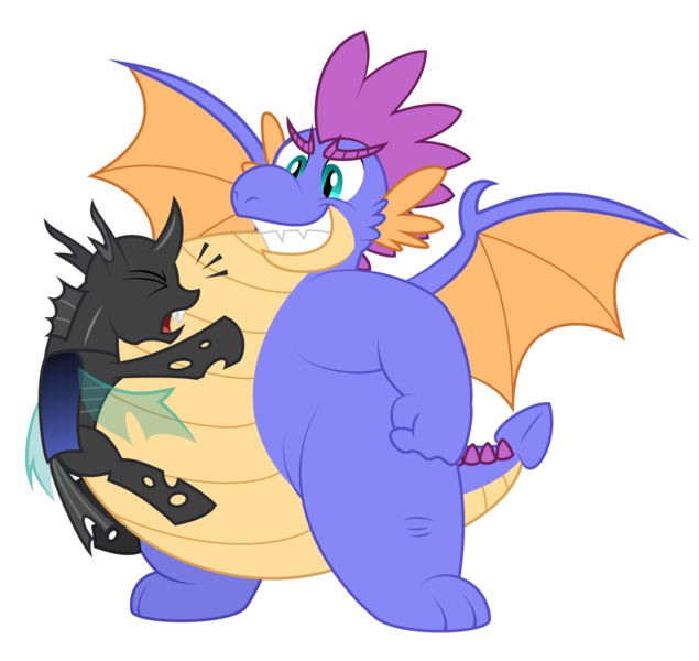 Size: 1600x1512 | Tagged: safe, artist:aleximusprime, derpibooru import, oc, oc:singe the dragon, unofficial characters only, changeling, dragon, fanfic:my big fat pink wedding, flurry heart's story, belly bounce, dragon oc, duo, eyes closed, fangs, fat, fight, image, male, non-pony oc, png, simple background, spread wings, transparent background, wings
