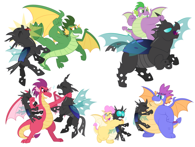 Size: 1920x1456 | Tagged: safe, artist:aleximusprime, derpibooru import, spike, oc, oc:barb the dragon, oc:buttercream the dragon, oc:scorch the dragon, oc:singe the dragon, changeling, dragon, fanfic:my big fat pink wedding, flurry heart's story, asphyxiation, bear hug, belly bounce, butt, chunkling, dragon oc, dragoness, eye bulging, eyes closed, fangs, fat, fat spike, female, fight, grin, gritted teeth, horn, horn grab, hug, image, kick, male, non-pony oc, older, older spike, one eye closed, open mouth, plot, png, punch, rearing, simple background, smiling, spike's family, spread wings, squeezing, strangling, teeth, tongue out, transparent background, wings