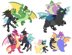 Size: 1920x1456 | Tagged: safe, artist:aleximusprime, derpibooru import, spike, oc, oc:barb the dragon, oc:buttercream the dragon, oc:scorch the dragon, oc:singe the dragon, changeling, dragon, fanfic:my big fat pink wedding, flurry heart's story, asphyxiation, bear hug, belly bounce, butt, chunkling, dragon oc, dragoness, eye bulging, eyes closed, fangs, fat, fat spike, female, fight, grin, gritted teeth, horn, horn grab, hug, image, kick, male, non-pony oc, older, older spike, one eye closed, open mouth, plot, png, punch, rearing, simple background, smiling, spike's family, spread wings, squeezing, strangling, teeth, tongue out, transparent background, wings
