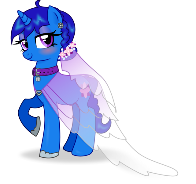 Size: 998x934 | Tagged: safe, artist:aya_yai, derpibooru import, oc, oc:delly, unofficial characters only, unicorn, blushing, clothes, collar, dress, eye lashes, female, happy, hoof boots, image, looking at you, png, raised hoof, simple background, smiling, solo, transparent background, wedding dress, wedding veil