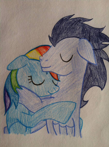 Size: 749x1004 | Tagged: safe, artist:rock-n-draw23, derpibooru import, rainbow dash, soarin', pegasus, pony, female, hug, image, jpeg, male, mare, shipping, soarindash, stallion, straight, traditional art