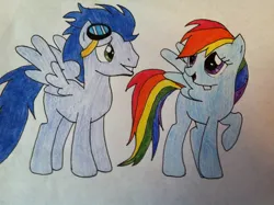 Size: 749x560 | Tagged: safe, artist:rock-n-draw23, derpibooru import, rainbow dash, soarin', pegasus, pony, female, image, jpeg, male, mare, shipping, soarindash, stallion, straight, traditional art