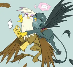 Size: 2048x1896 | Tagged: safe, artist:noupu, derpibooru import, gabby, gilda, gryphon, annoyed, butt, cute, duo, feather, female, flying, gabbybetes, gilda is not amused, hug, image, jpeg, light blue background, paw pads, paws, plot, simple background, spread wings, unamused, underpaw, wings