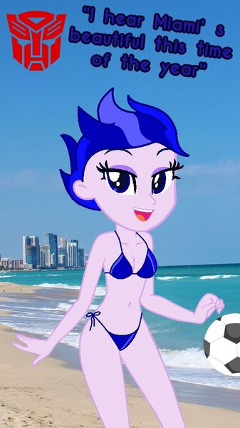 Size: 600x1067 | Tagged: suggestive, artist:robertsonskywa1, derpibooru import, equestria girls, arcee, beach, belly button, bikini, clothes, football, image, jpeg, miami, photo, quote, sexy, sports, string bikini, sultry pose, swimsuit, text, transformers, transformers prime