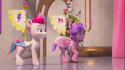 Size: 1160x644 | Tagged: safe, derpibooru import, edit, edited screencap, screencap, cloudpuff, pipp petals, queen haven, zipp storm, oc, pony, g5, my little pony: make your mark, spoiler:g5, spoiler:my little pony: make your mark, spoiler:my little pony: make your mark chapter 5, spoiler:mymc05e01, adorapipp, adorazipp, animated, butler, crying, cute, cutie blossom bash, female, filly, flag, foal, glasses, image, my little pony: make your mark chapter 5, nose blowing, pause, reaction, roleplaying, subtitles, tears of joy, voice acting, webm