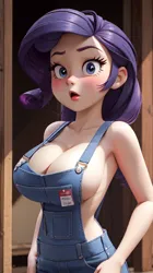 Size: 512x912 | Tagged: suggestive, derpibooru import, machine learning generated, stable diffusion, rarity, human, equestria girls, :o, ai content, big breasts, blushing, braless, breasts, busty rarity, cleavage, clothes, female, human coloration, image, looking at you, naked overalls, name tag, no underwear, open mouth, overalls, png, prompter:cloudmaster316, shocked, sideboob, solo, solo female, surprised, wide eyes