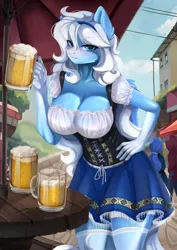 Size: 4247x6000 | Tagged: safe, artist:ritter, derpibooru import, oc, oc:icy heart, unofficial characters only, pegasus, alcohol, bar maid, beer, breasts, cleavage, clothes, corset, detailed background, dress, image, png, wench