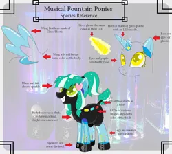 Size: 900x805 | Tagged: safe, artist:mlpdarksparx, derpibooru import, oc, unofficial characters only, earth pony, original species, pony, disembodied head, female, floating wings, glow, glowing eyes, grin, guide, image, mare, musical fountain pony, png, reference sheet, smiling, solo, sparkly mane, text, wings, wires