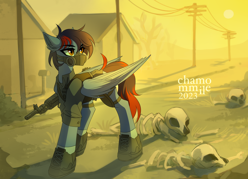 Size: 4000x2900 | Tagged: safe, artist:chamommile, derpibooru import, oc, oc:dawn chaser, unofficial characters only, original species, pegasus, pony, fallout equestria, ammunition, armor, blue skin, body armor, bone, boots, brown eyes, clothes, commission, fallout, full body, gas mask, gun, image, jacket, looking back, m1a, male, mask, png, rifle, shoes, skeleton, solo, sunset, two toned mane, uniform, walking, weapon, wings, ych result