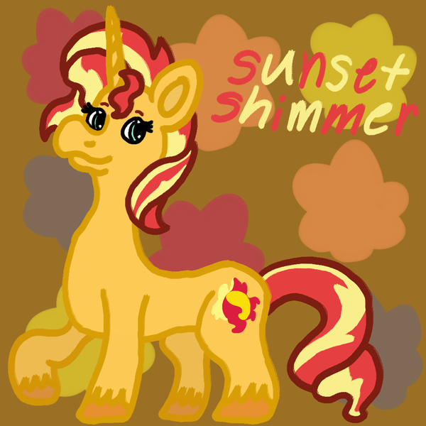 Size: 1000x1000 | Tagged: safe, artist:mintwhistle, derpibooru import, sunset shimmer, pony, unicorn, abstract background, autumn, colored hooves, female, g4, image, leaves, looking back, mare, medibang paint, png, raised hoof, smiling, solo, sunset day, sunset shimmer day, text, unshorn fetlocks