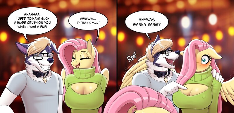 Size: 1500x723 | Tagged: questionable, artist:drako1997, artist:drakonsfw, derpibooru import, fluttershy, oc, oc:dean (drako1997), anthro, dog, pegasus, pony, assertive, big breasts, blushing, breasts, busty fluttershy, canon x oc, cleavage, clothes, collar, comic, dialogue, duo, duo male and female, embarrassed, erect nipples, eyebrows, eyebrows visible through hair, female, floppy ears, furry, furry oc, glasses, grin, hair over one eye, hand on shoulder, huge breasts, image, jpeg, keyhole turtleneck, male, mare, nipple outline, onomatopoeia, open mouth, open smile, personal space invasion, pomf, propositioning, smiling, speech bubble, spread wings, straight, sweater, sweatershy, touching, turtleneck, wingboner, wings
