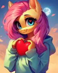 Size: 768x960 | Tagged: safe, derpibooru import, editor:nightluna, machine learning generated, stable diffusion, fluttershy, anthro, pony, ai content, clothes, cute, ear fluff, female, full moon, generator:purplesmart.ai, heart, heart eyes, holding, hood, hoodie, image, jpeg, looking at you, mare, moon, outdoors, prompter:nightluna, shyabetes, sky, smiling, smiling at you, solo, wingding eyes
