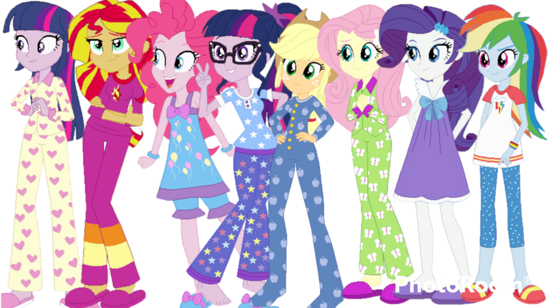 Size: 1280x720 | Tagged: safe, artist:cutler1228, artist:selenaede, derpibooru import, applejack, fluttershy, pinkie pie, rainbow dash, rarity, sci-twi, sunset shimmer, twilight sparkle, equestria girls, base used, clothes, humane eight, humane five, humane seven, humane six, image, pajamas, png, twolight