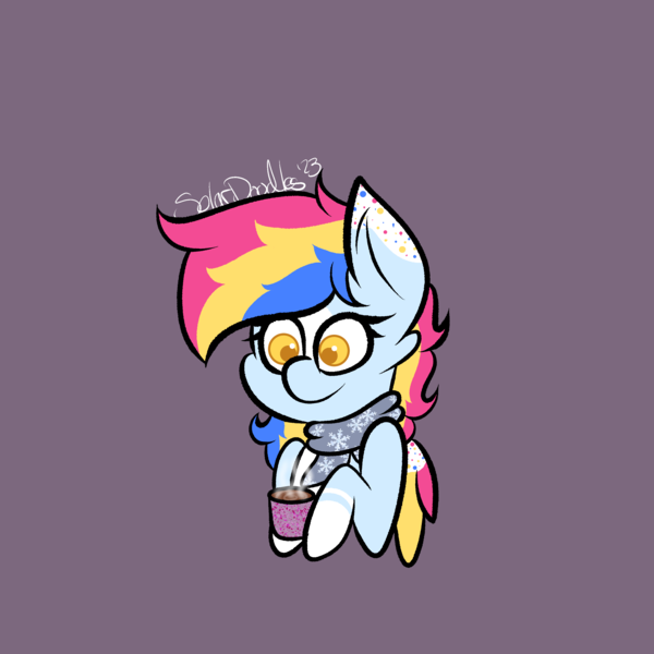 Size: 3000x3000 | Tagged: safe, artist:solardoodles, derpibooru import, oc, oc:funfetti, unofficial characters only, pegasus, pony, chocolate, clothes, commission, food, hot chocolate, image, looking down, mug, png, scarf, simple background, smiling, snow, snowflake, solo, steam, ych example, ych result, your character here
