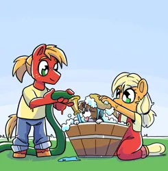 Size: 1252x1280 | Tagged: source needed, safe, artist:smirk, derpibooru import, applejack, big macintosh, winona, anthro, dog, pony, unguligrade anthro, bath, bubble, clothes, colt big macintosh, female, filly, filly applejack, freckles, hair up, hose, image, male, overalls, png, puppy, siblings, sponge, water, younger