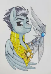 Size: 1080x1544 | Tagged: safe, artist:mintytreble, derpibooru import, pegasus, pony, amputee, armor, armored pony, artificial wings, augmented, commission, image, jpeg, male, prosthetic limb, prosthetic wing, prosthetics, simple background, solo, traditional art, white background, wings